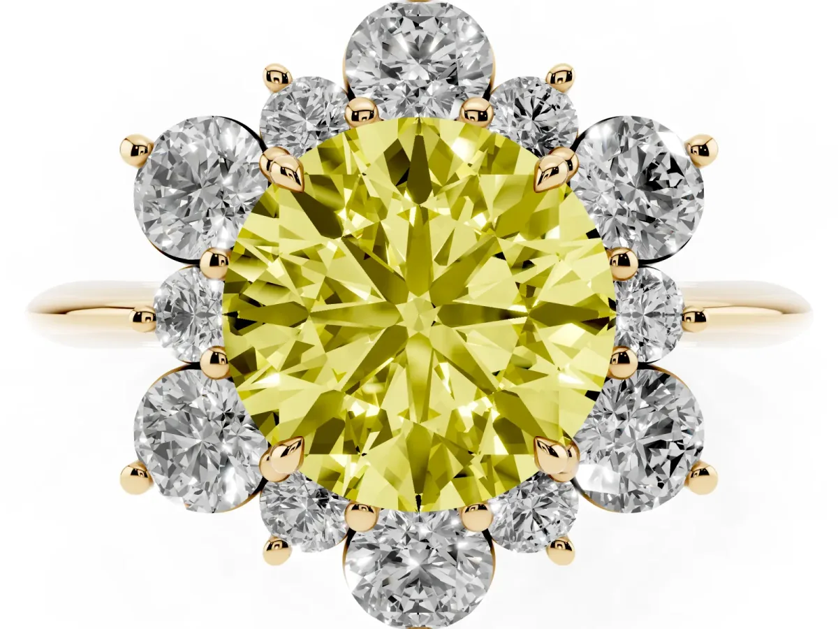 Fancy Yellow Round Cut Diamond Cluster Halo Ring with Solitaire Band and Four-Prong Setting Yellow gold