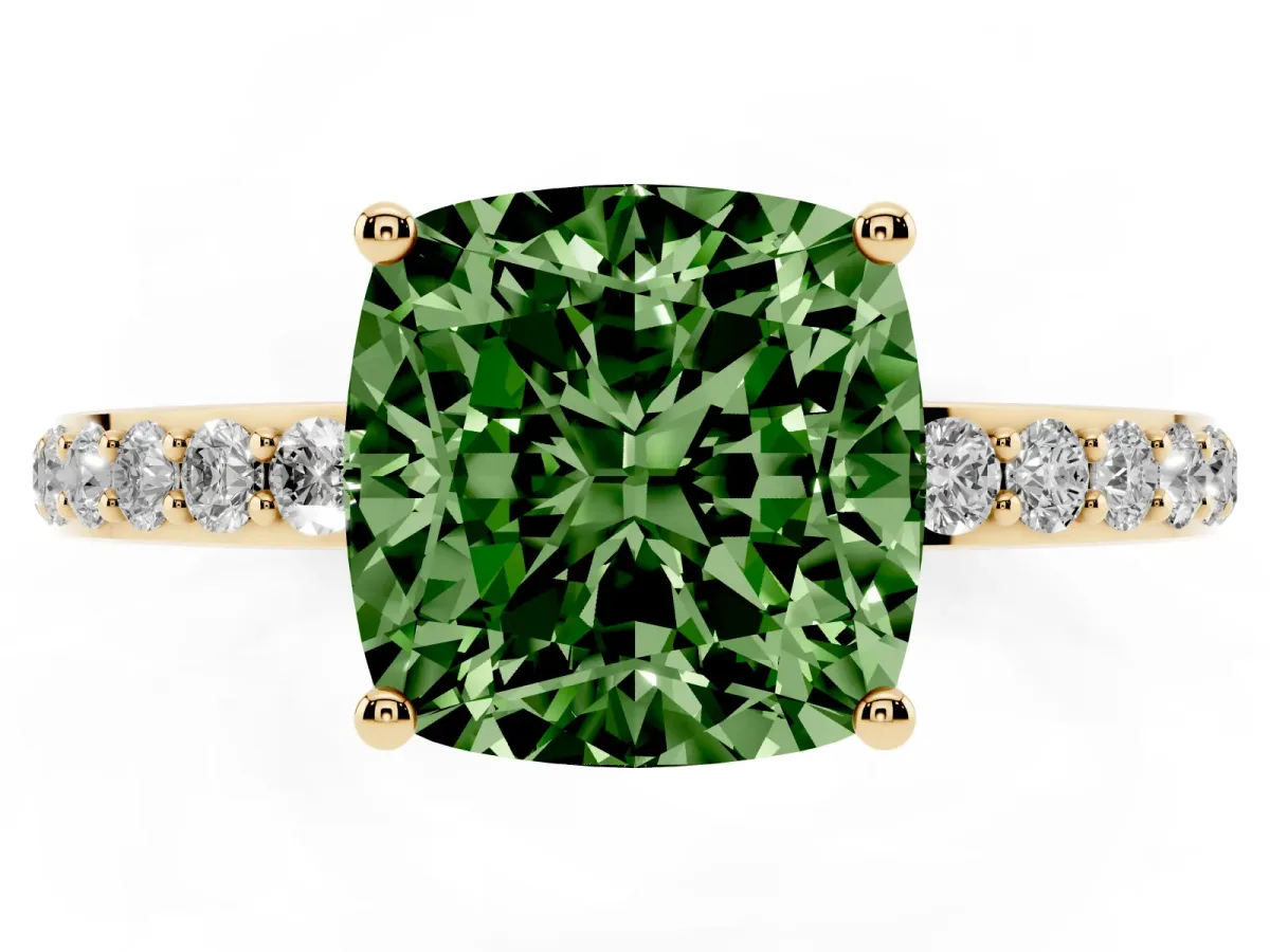 Fancy Green Cushion Cut Diamond Solitaire Ring with Pavé Band and Hidden Halo Yellow gold