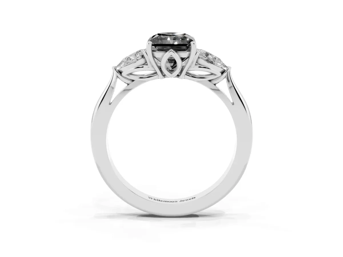 Fancy Black Three-Stone Radiant Cut Brilliant Diamond Solitaire Ring with Tapered Band and Four-Prong Setting Silver