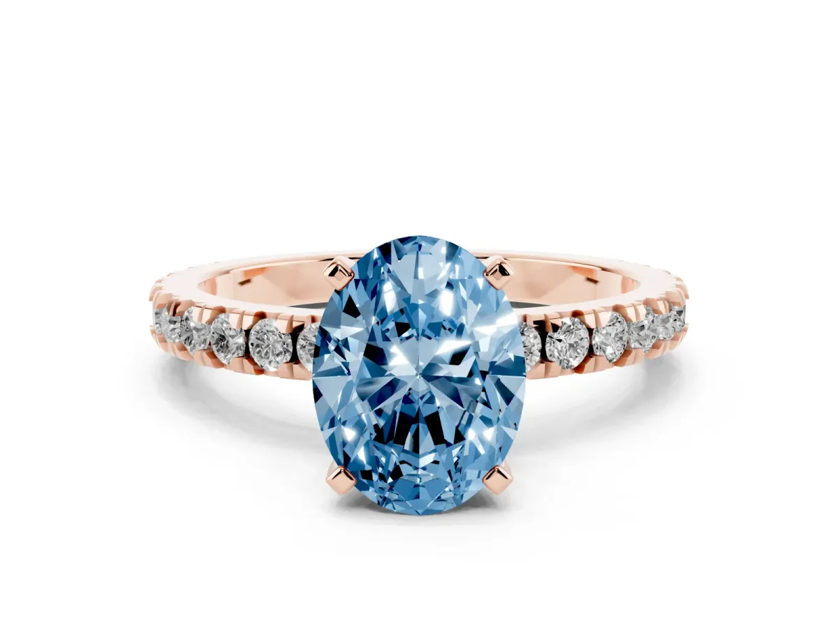 Fancy Blue Oval Cut Diamond Pavé Band Solitaire with Four-Prong Setting Rose gold