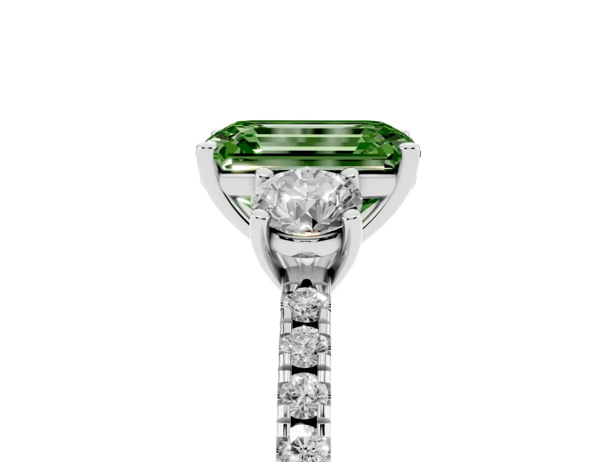 Fancy Green Three-Stone Emerald Cut Cut Diamond Pavé Band with Prong Setting Silver