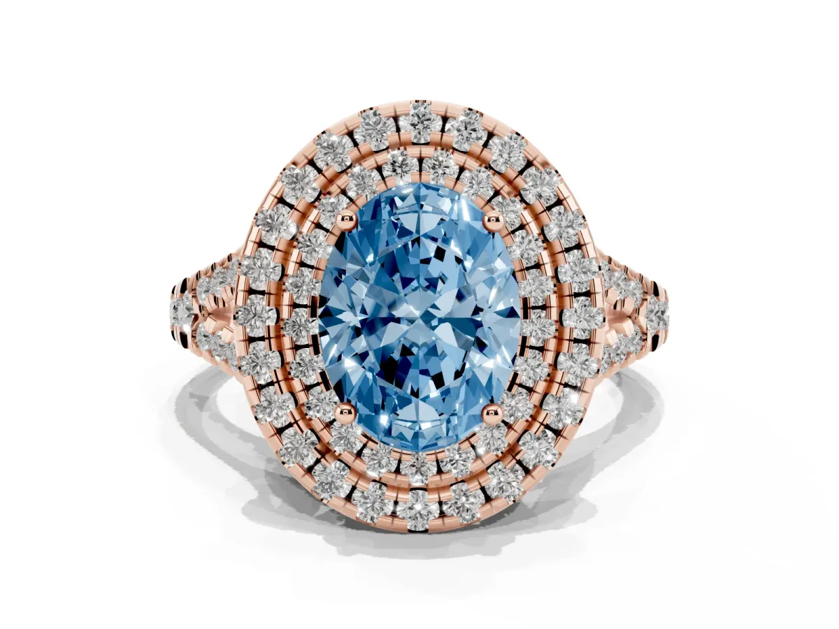 Fancy Blue Double Halo Oval Cut Diamond Pavé Split Shank Ring with Prong Setting Rose gold