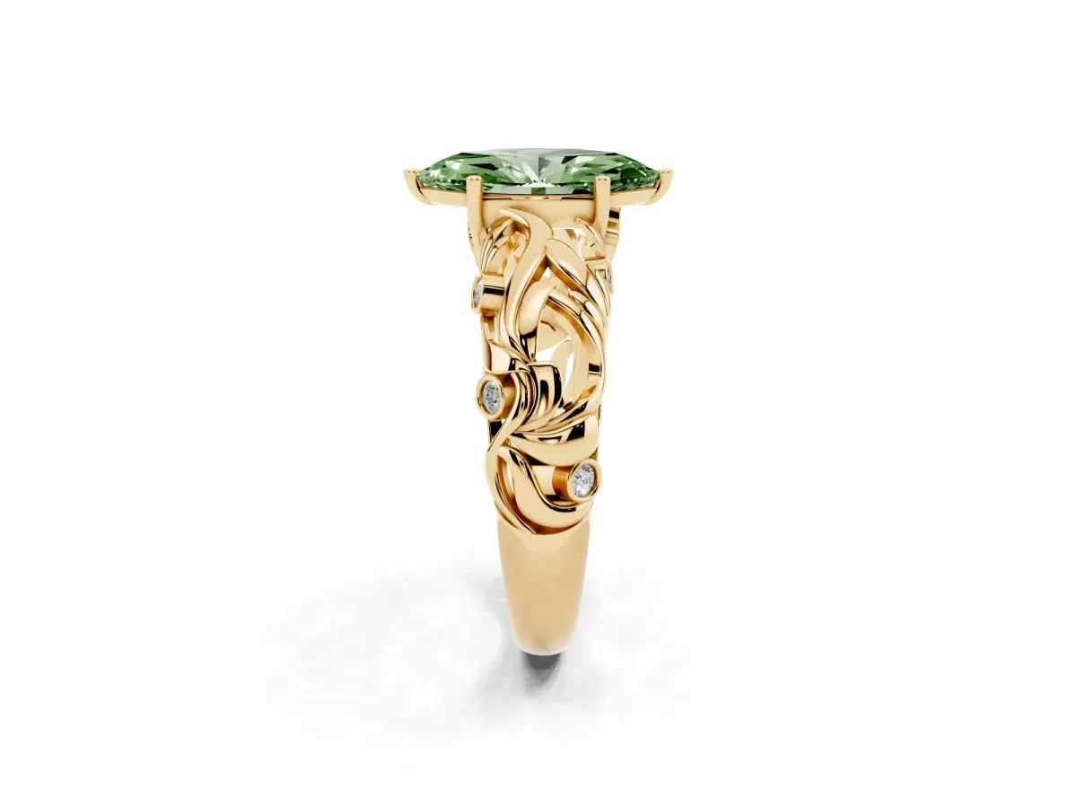 Fancy Green Marquise Cut Solitaire Diamond Leaf-Inspired Vine Band Ring with Prong Setting Yellow gold