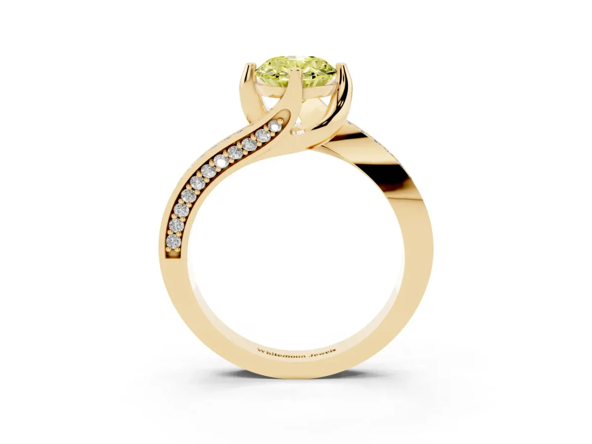 Fancy Yellow Oval Cut Solitaire Diamond Twist Band with Pavé Setting and Four-Prong Setting Yellow gold