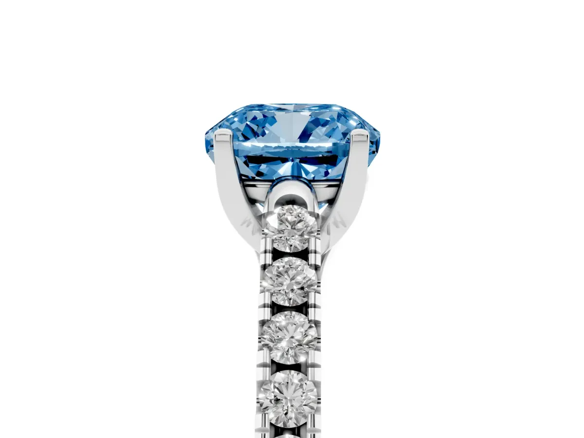 Fancy Blue Cushion Cut Diamond Pavé Band Solitaire Ring with Prong Setting Platinum