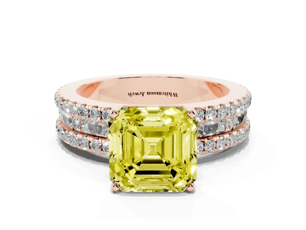 Fancy Yellow Asscher Cut Diamond Solitaire Ring with Pavé and Channel Set Band Rose gold