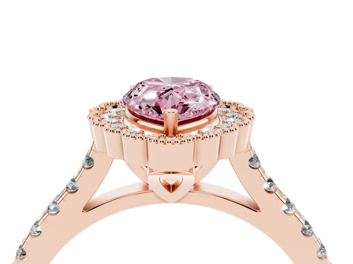 Fancy Pink Pear Cut Cut Diamond Milgrain Floral Halo Engagement Ring with Pavé Band Rose gold