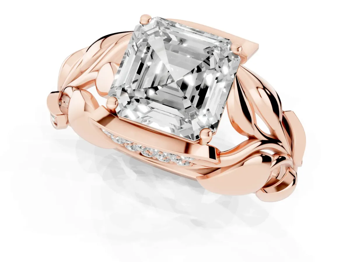Asscher Cut Diamond Leaf-Inspired Engagement Ring with Round Accents and Prong Setting Rose gold