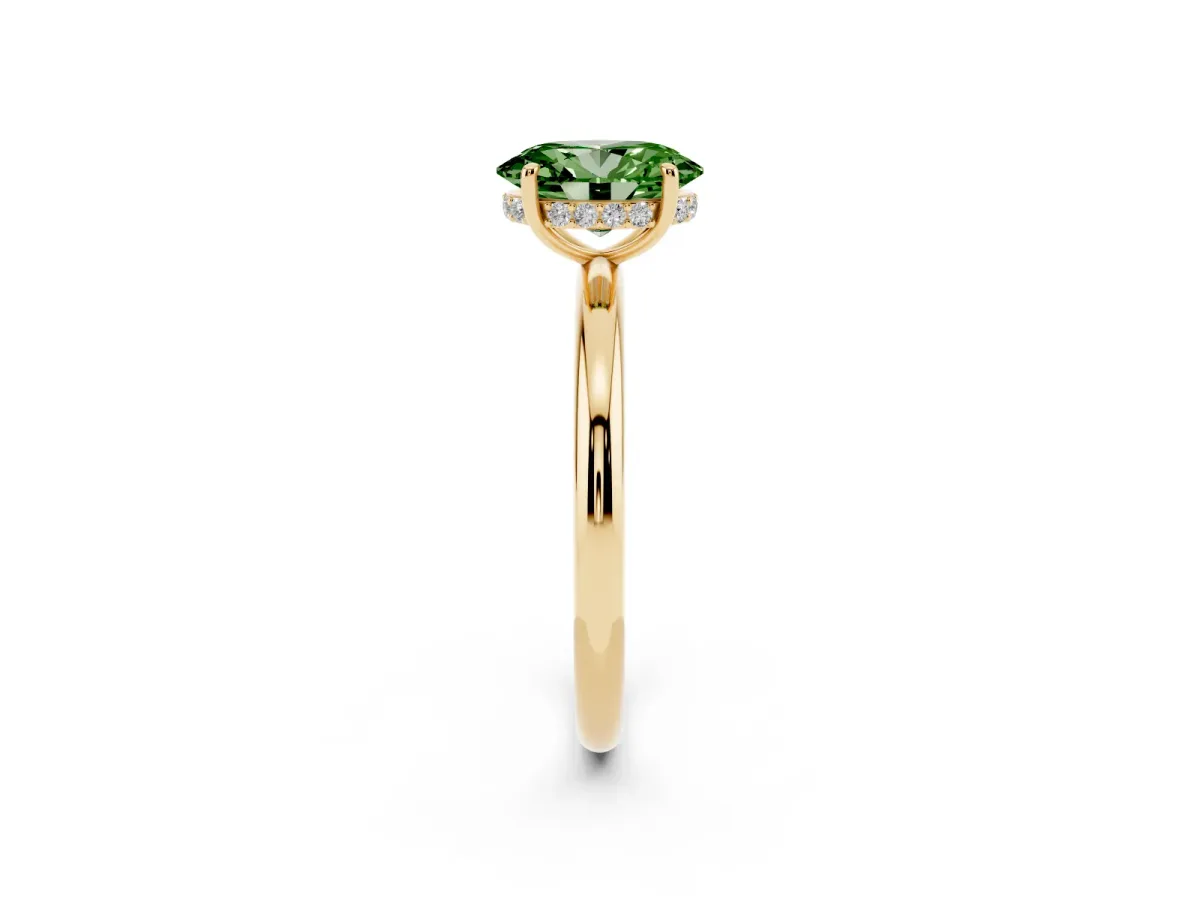 Fancy Green Oval Cut Diamond Solitaire Ring with Thin Band and Four-Prong Setting Yellow gold