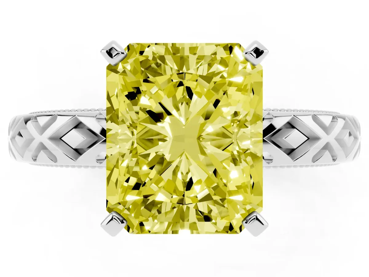 Fancy Yellow Radiant Cut Solitaire Diamond Ring with Milgrain and Black Enamel X Pattern Band White gold
