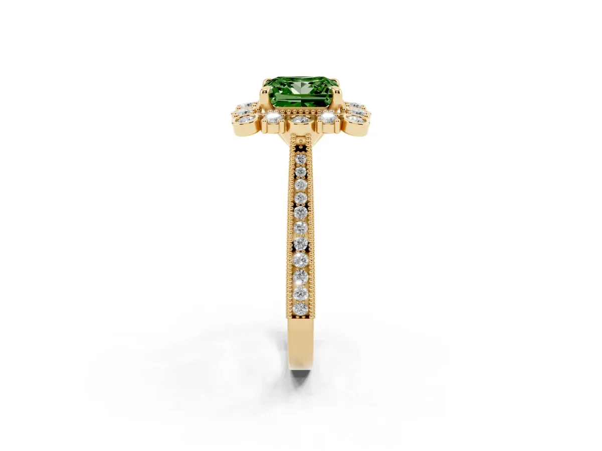 Fancy Green Princess Cut Halo Milgrain Pave Diamond Ring with Four-Prong Setting Yellow gold