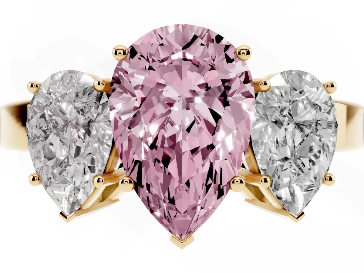 Fancy Pink Three-Stone Pear Cut Cut Diamond Engagement Ring with Flat Band and Four-Prong Setting Yellow gold
