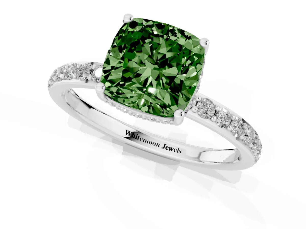 Fancy Green Cushion Cut Diamond Solitaire Ring with Pavé Band and Hidden Halo Platinum
