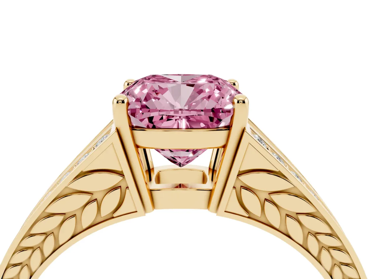Fancy Pink Cushion Cut Diamond Split Shank Ring with Pavé Band and Four-Prong Setting Yellow gold