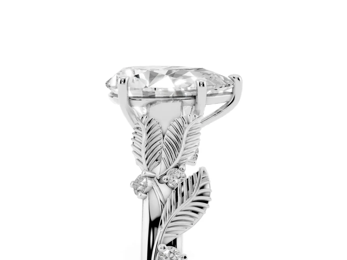 Pear Cut Diamond Solitaire Ring with Leaf Motif Band and Four-Prong Setting Silver
