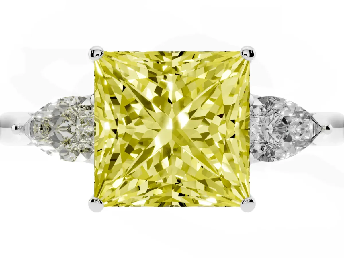 Fancy Yellow Three-Stone Princess Cut Brilliant Diamond Solitaire Ring with Tapered Band and Four-Prong Setting White gold