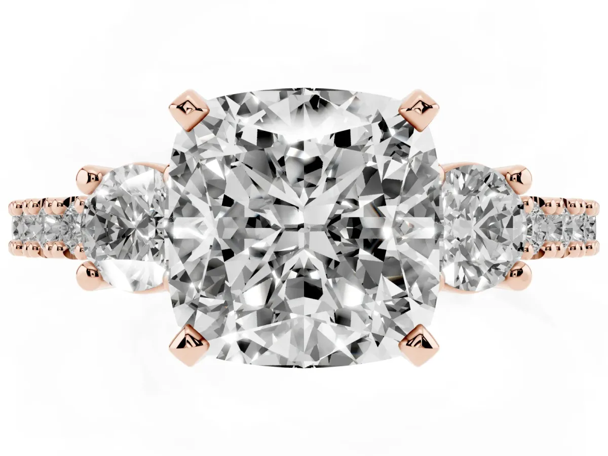 Cushion Cut Three-Stone Diamond Pavé Band with Prong Setting Rose gold