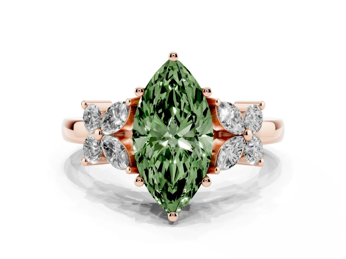Fancy Green Marquise Cut Diamond Floral Cluster Ring with Solitaire Band and Prong Setting Rose gold