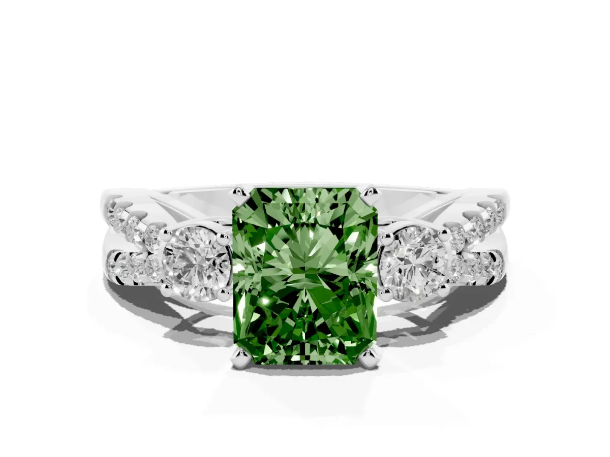 Fancy Green Radiant Cut Diamond Three-Stone Ring with Pavé Split Shank and Four-Prong Setting Silver