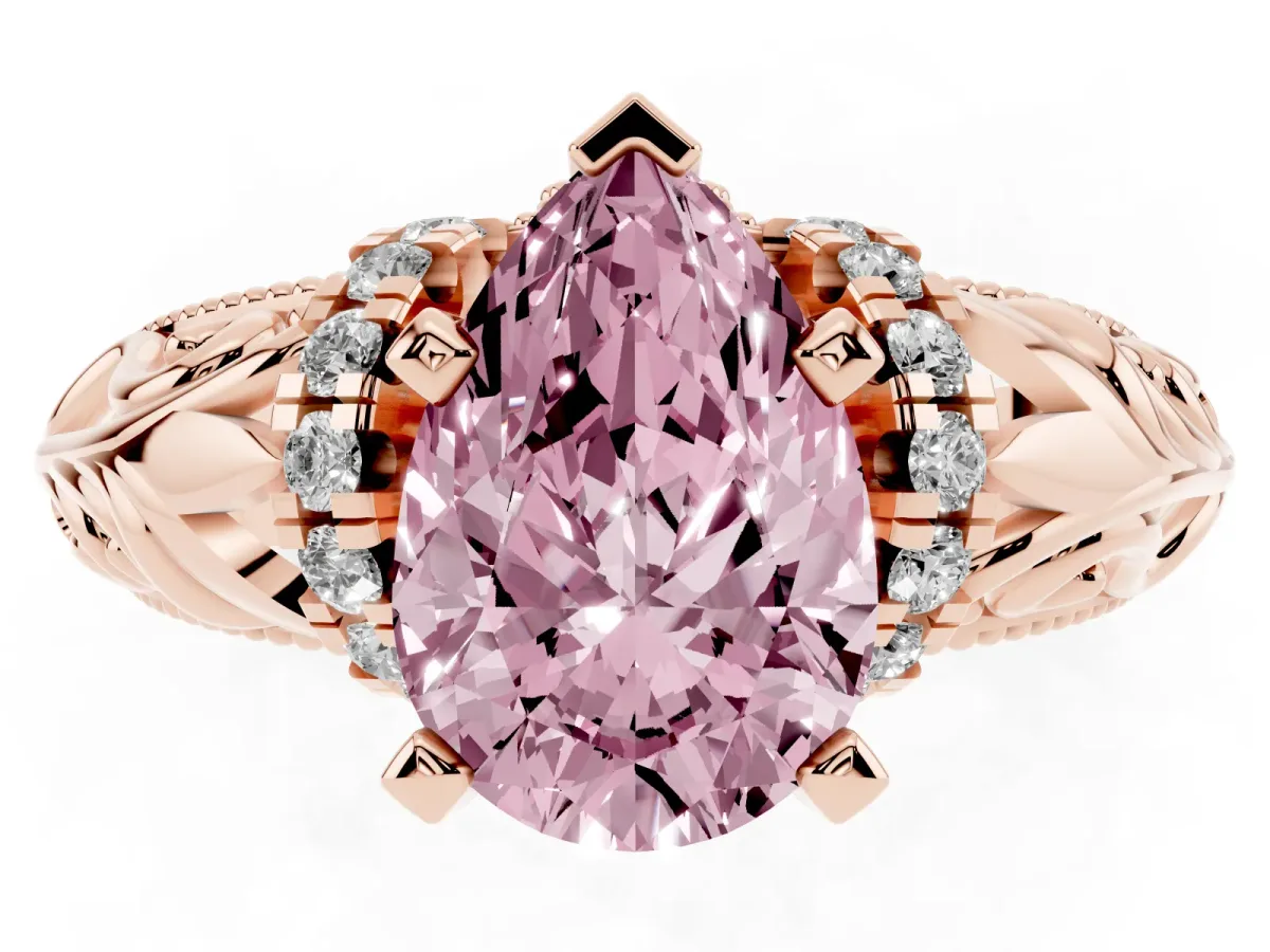 Fancy Pink Pear Cut Solitaire Filigree Engagement Ring with Halo and Prong Setting Rose gold