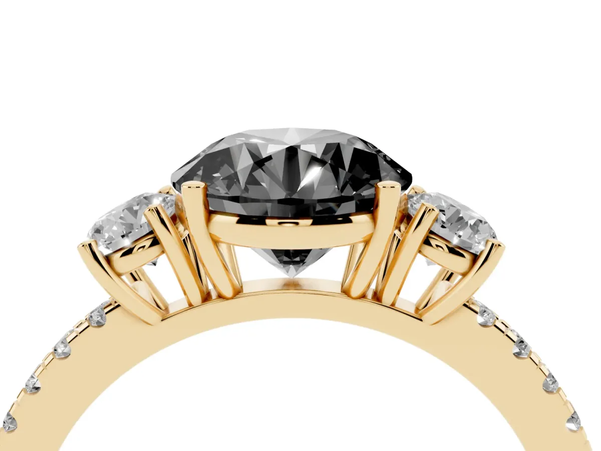Fancy Black Three-Stone Round Cut Cut Diamond Pavé Band with Prong Setting Yellow gold