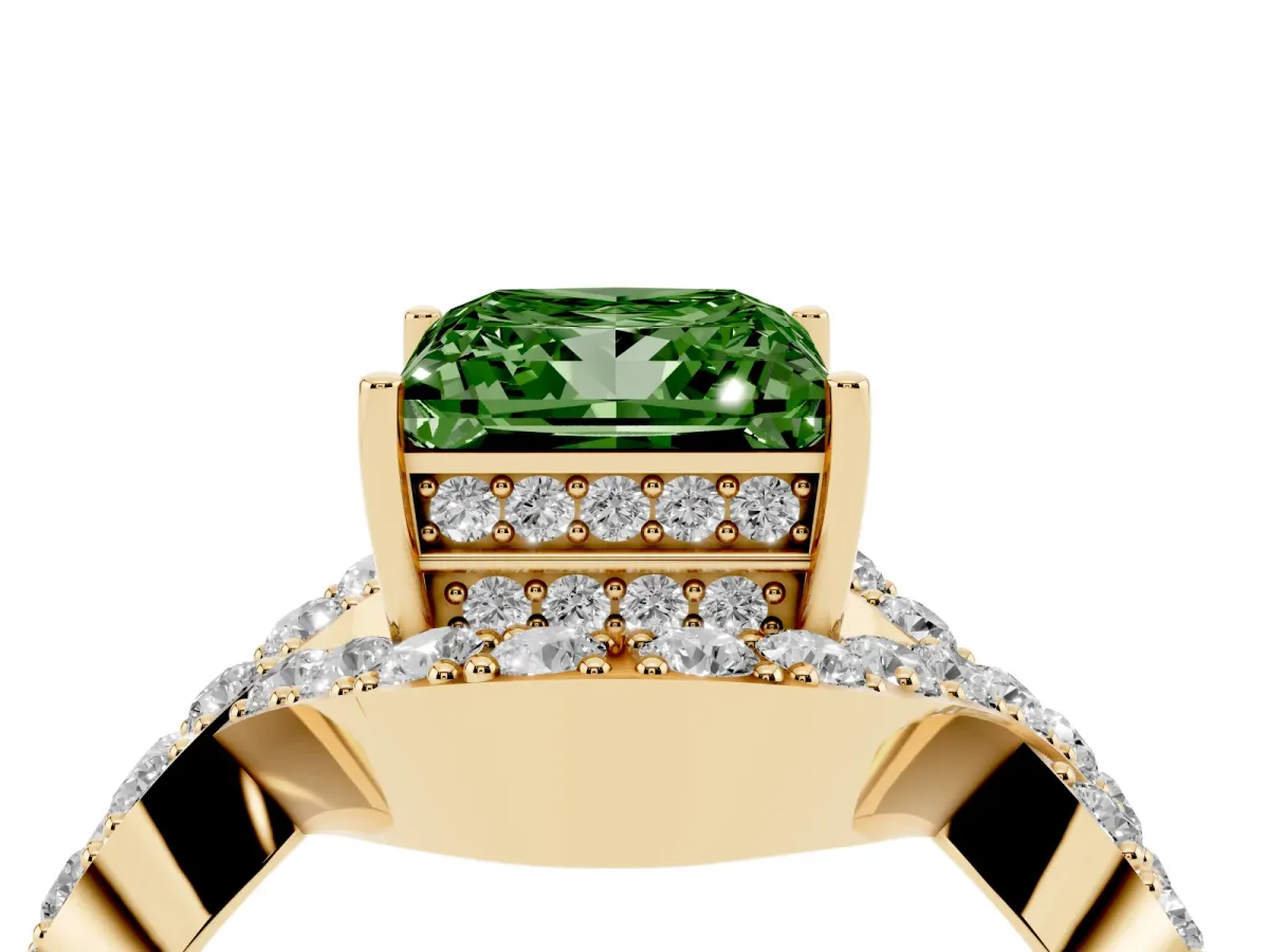 Fancy Green Princess Cut Solitaire Twist Band Pavé Diamond Engagement Ring Yellow gold