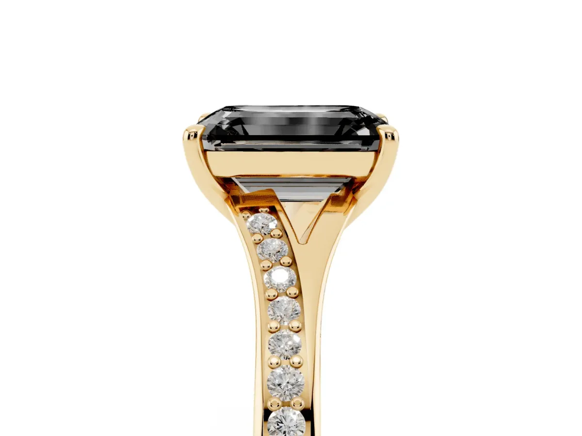 Fancy Black Emerald Cut Diamond Solitaire Ring with Pavé Band and Prong Setting Yellow gold