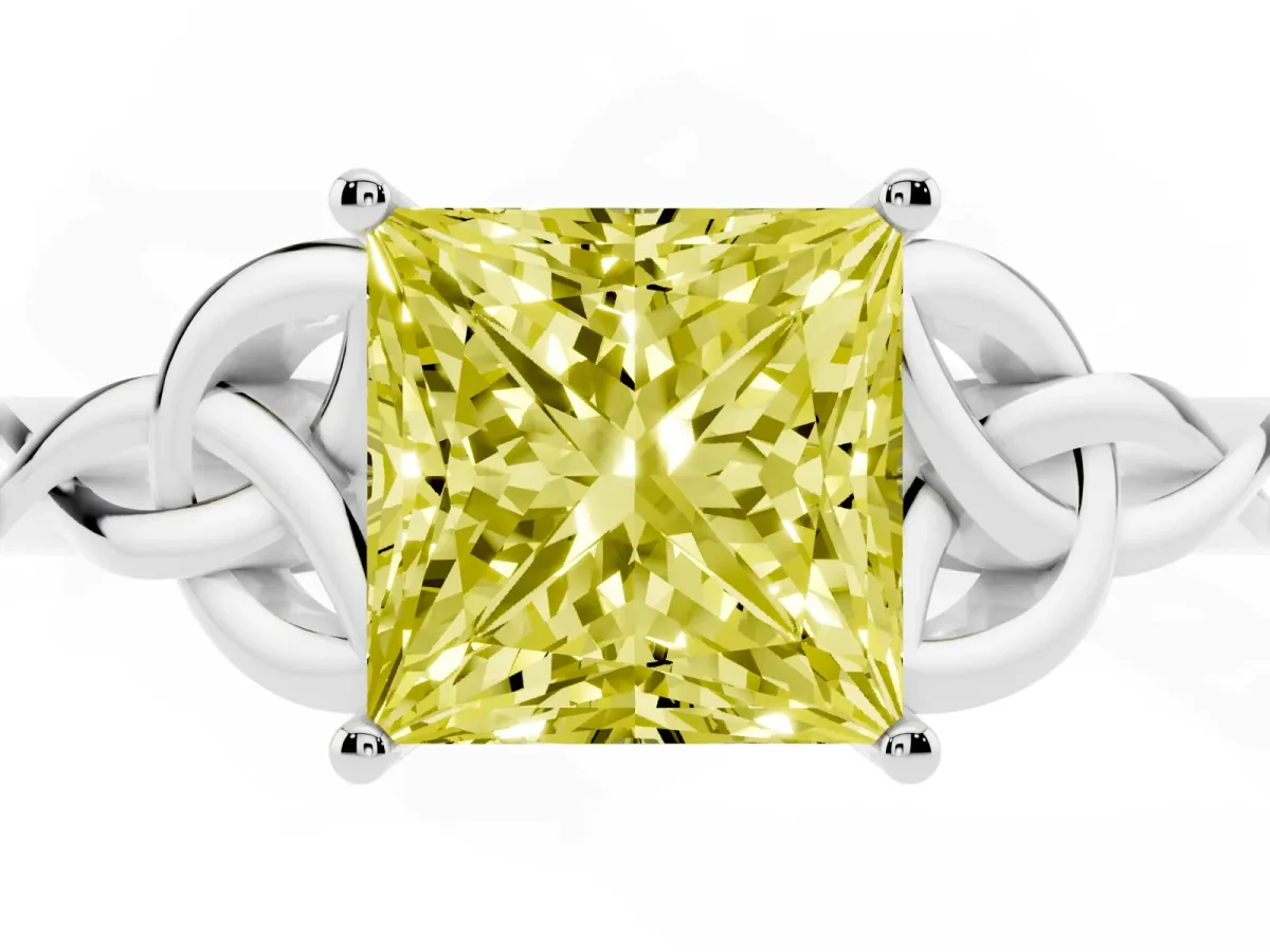 Fancy Yellow Princess Cut Diamond Solitaire Engagement Ring with Celtic Knot Band and Four-Prong Setting Silver