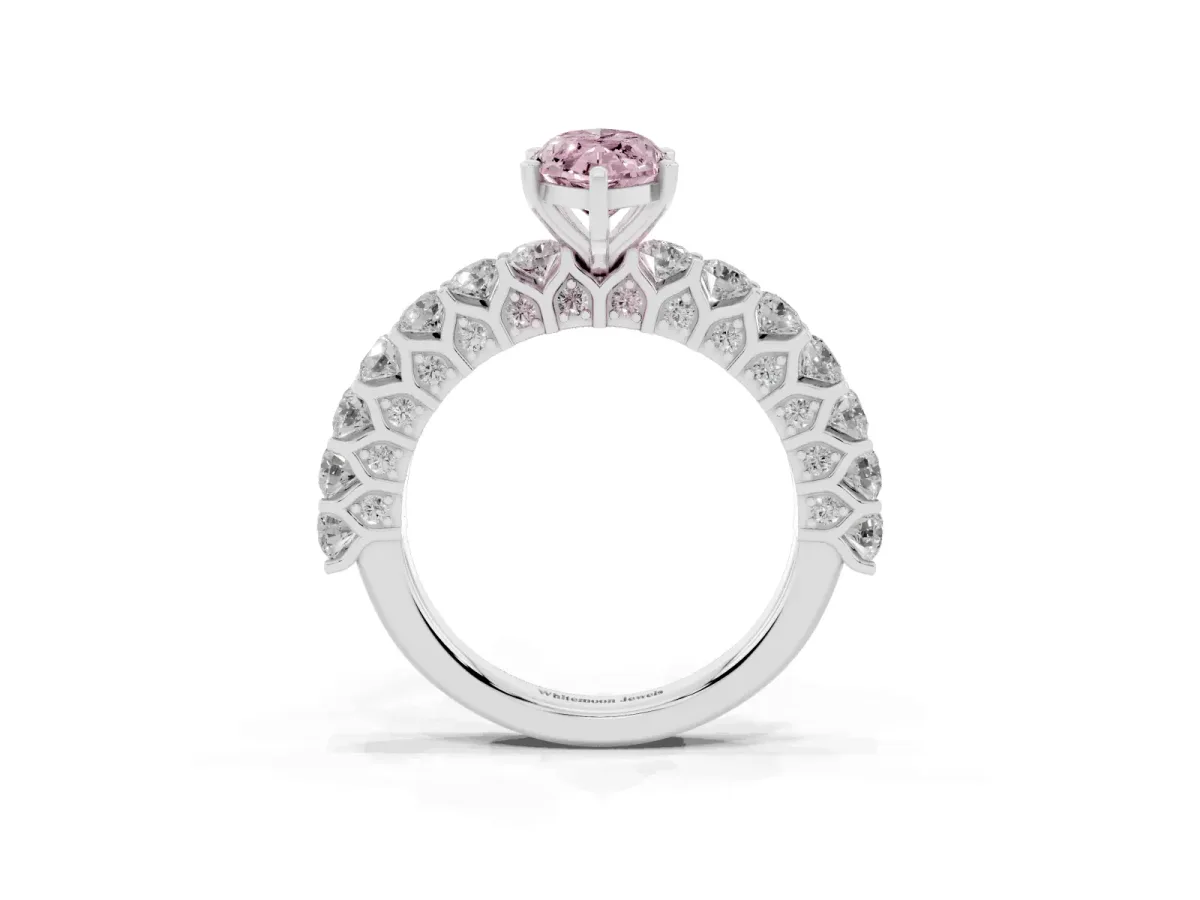Fancy Pink Marquise Cut Diamond Solitaire Ring with Shared Prong Pavé Band and Four-Prong Setting Silver