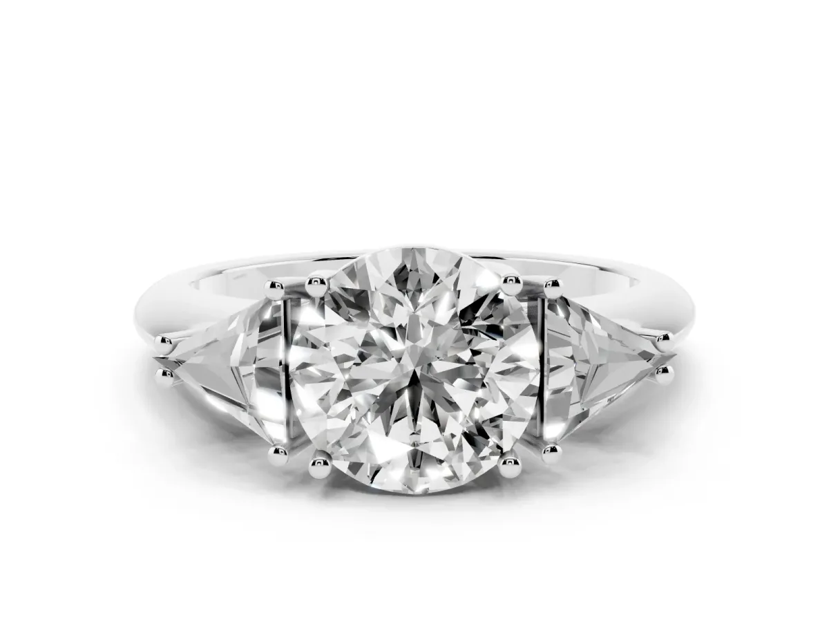Three-Stone Round Cut Diamond Engagement Ring with Trillion Side Stones and Prong Setting Silver