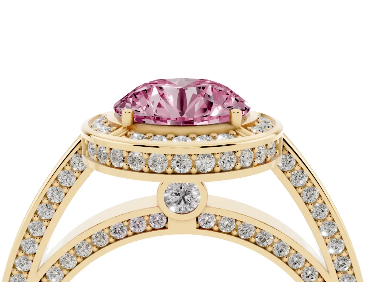 Fancy Pink Round Cut Cut Halo Pave Split Shank Prong Setting Ring Yellow gold