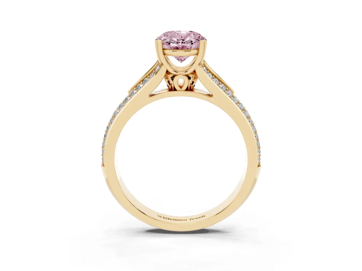 Fancy Pink Oval Cut Diamond Split Shank Engagement Ring with Pavé Band Yellow gold