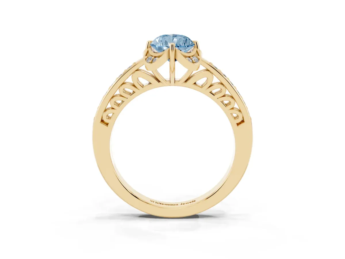 Fancy Blue Pear Cut Cut Halo Diamond Ring with Channel Set Band and Four-Prong Setting Yellow gold