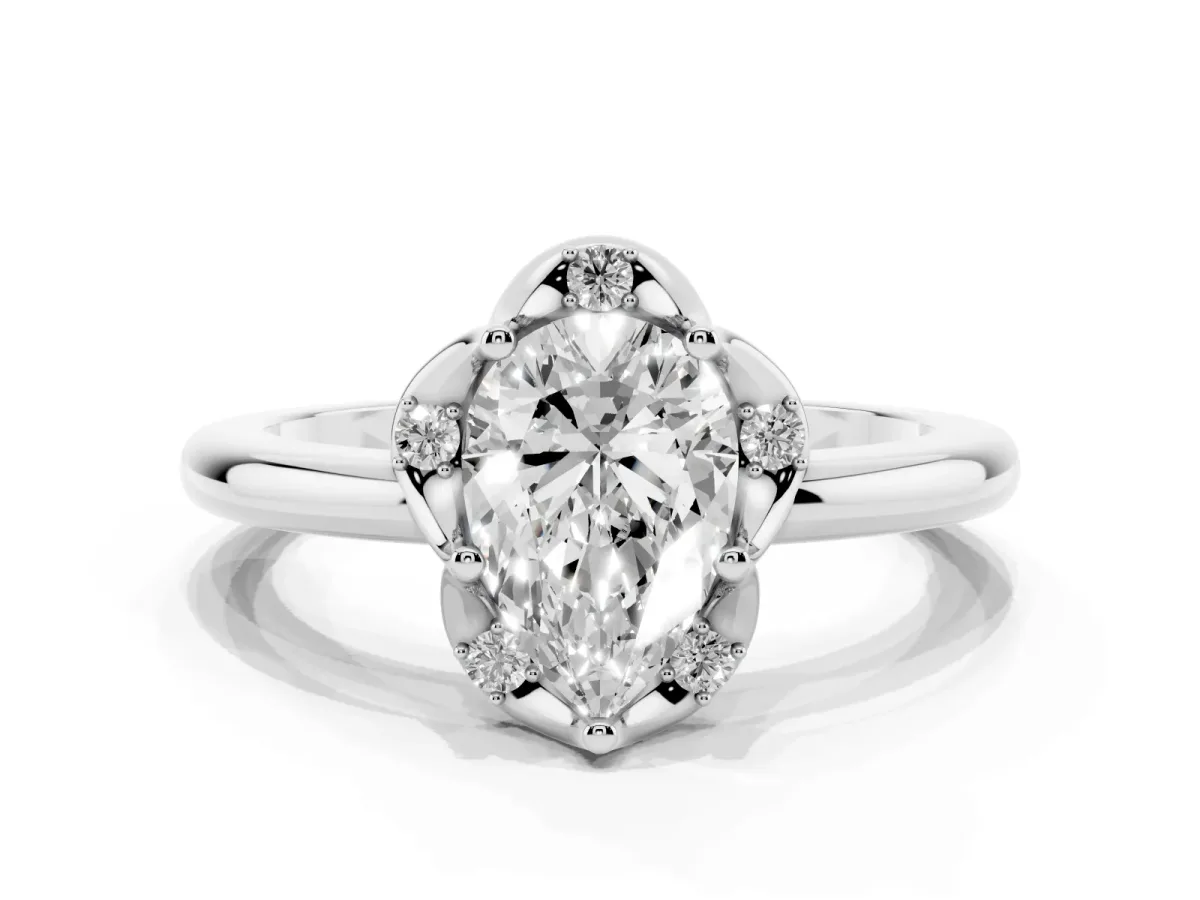 Pear Cut Halo Diamond Ring with Round Cluster Setting, Solitaire Band, and Four-Prong Setting Silver