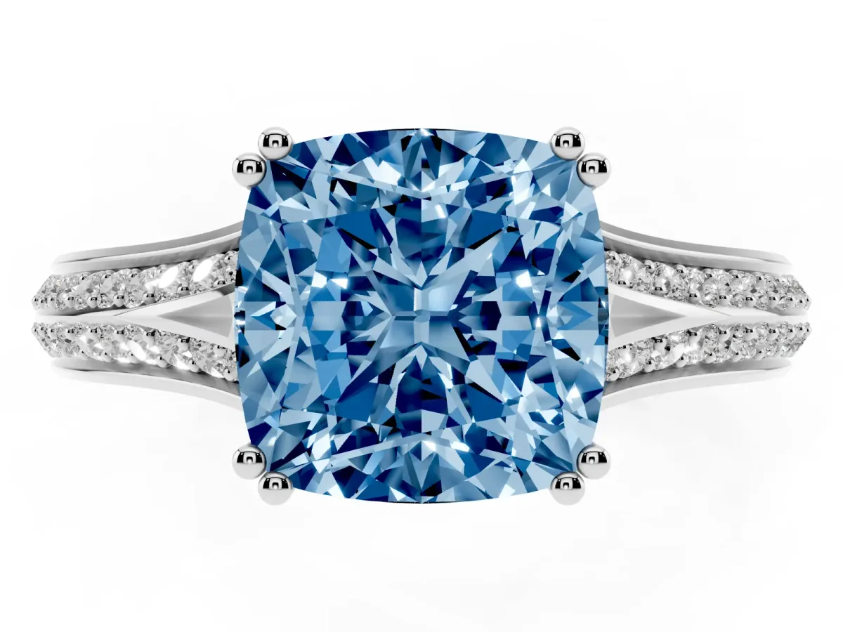 Fancy Blue Cushion Cut Diamond Split Shank Engagement Ring with Pavé Band Silver
