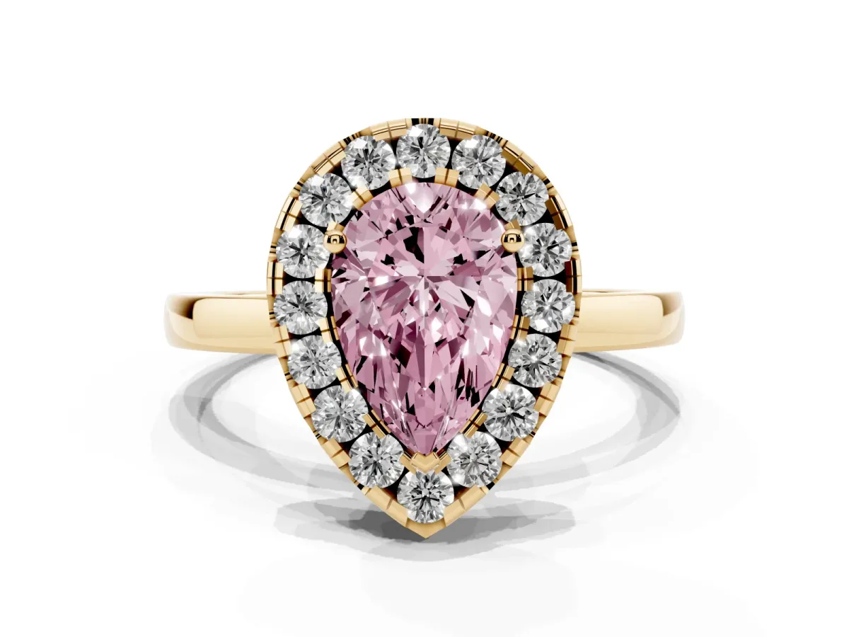 Fancy Pink Pear Cut Halo Diamond Solitaire with Pavé Band and Four-Prong Setting Yellow gold