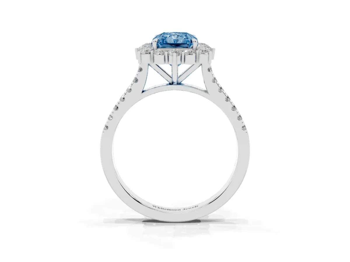 Fancy Blue Radiant Cut Halo Diamond Ring with Pavé Band and Prong Setting Silver