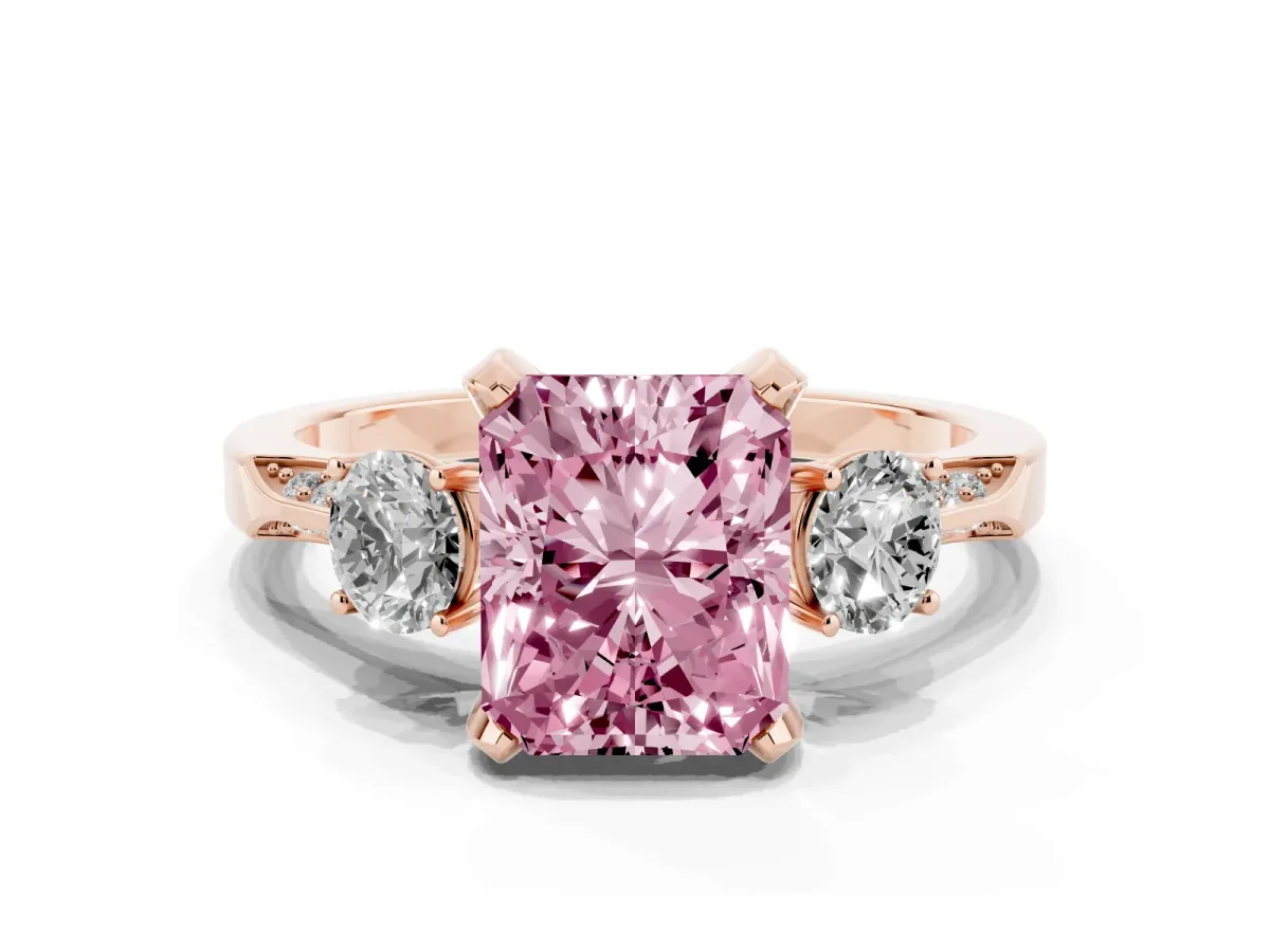 Fancy Pink Radiant Cut Brilliant Three-Stone Diamond Ring with Pavé Band and Four-Prong Setting Rose gold
