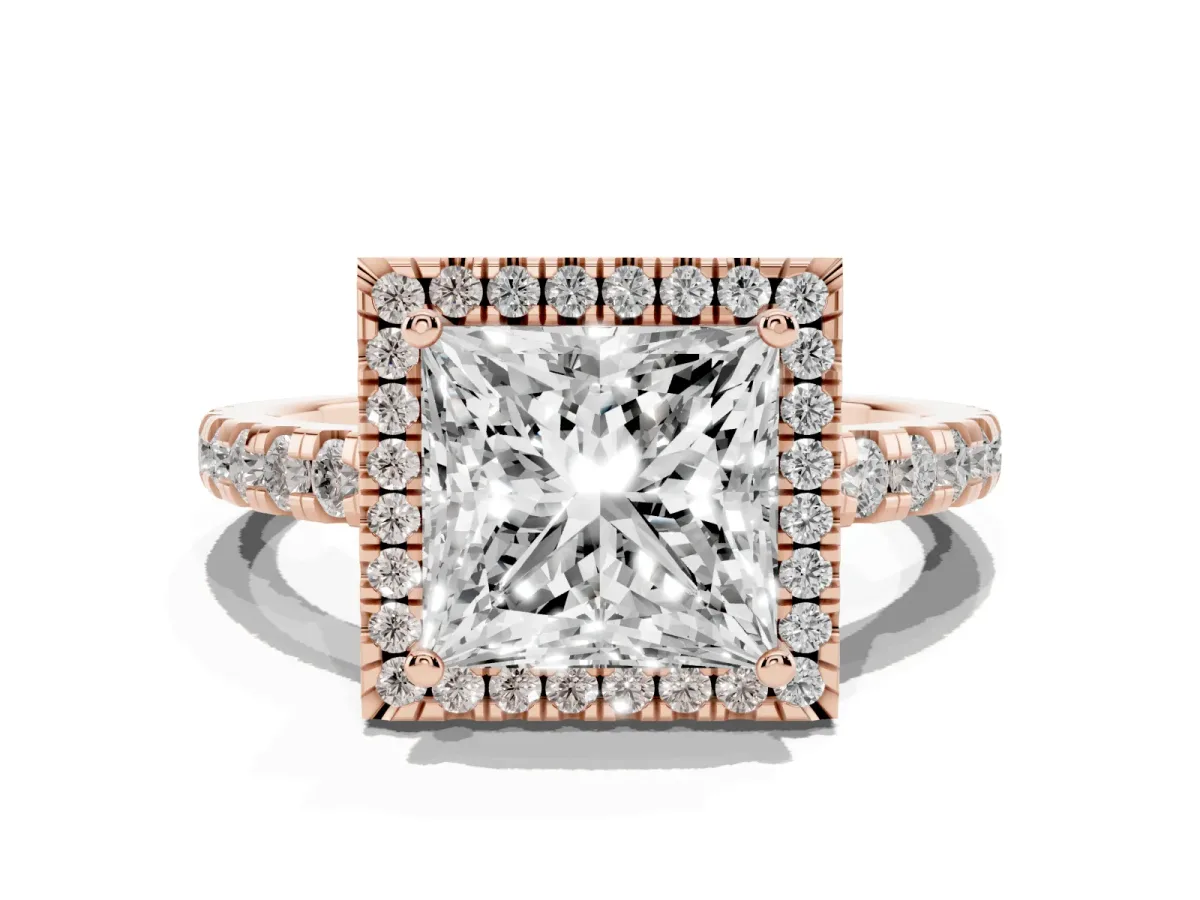 Princess Cut Diamond Halo Ring with Pavé Band and Four-Prong Setting Rose gold