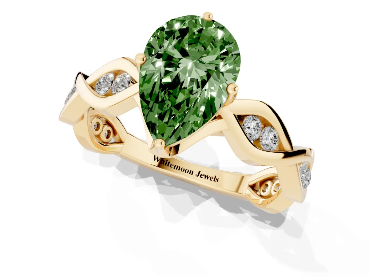 Fancy Green Pear Cut Solitaire Twist Band with Leaf Prong Setting Yellow gold