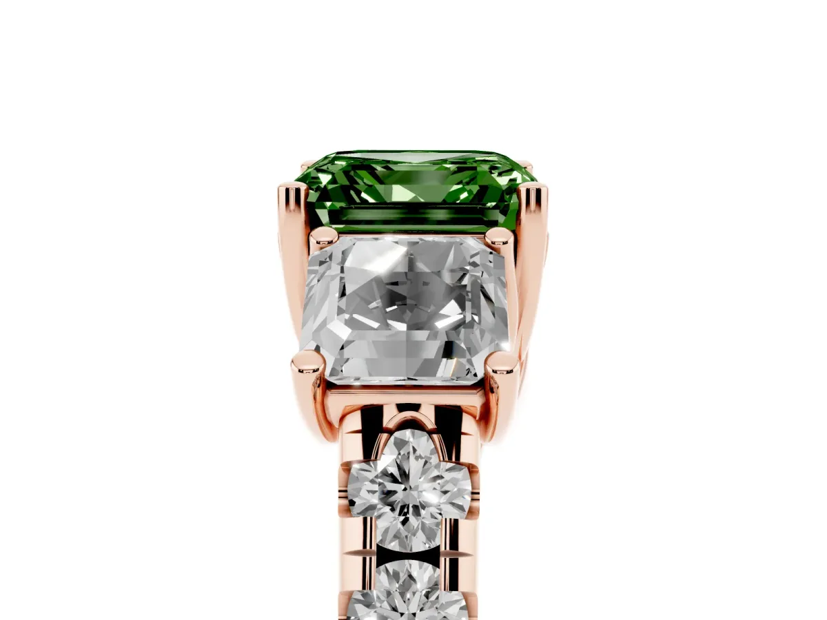 Fancy Green Three-Stone Asscher Cut Diamond Pavé Band with Prong Setting Rose gold