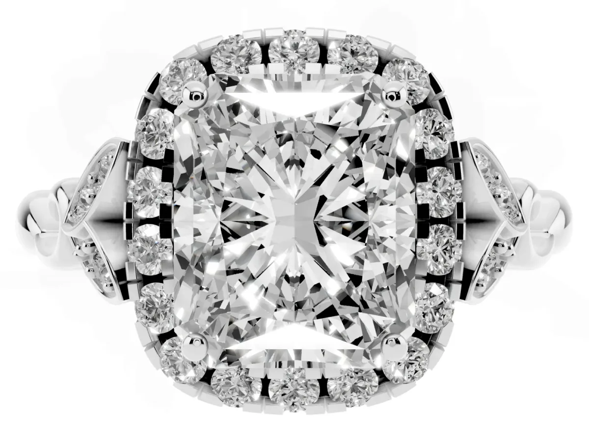 Radiant Cut Halo Diamond Engagement Ring with Vintage-Inspired Band and Four-Prong Setting White gold