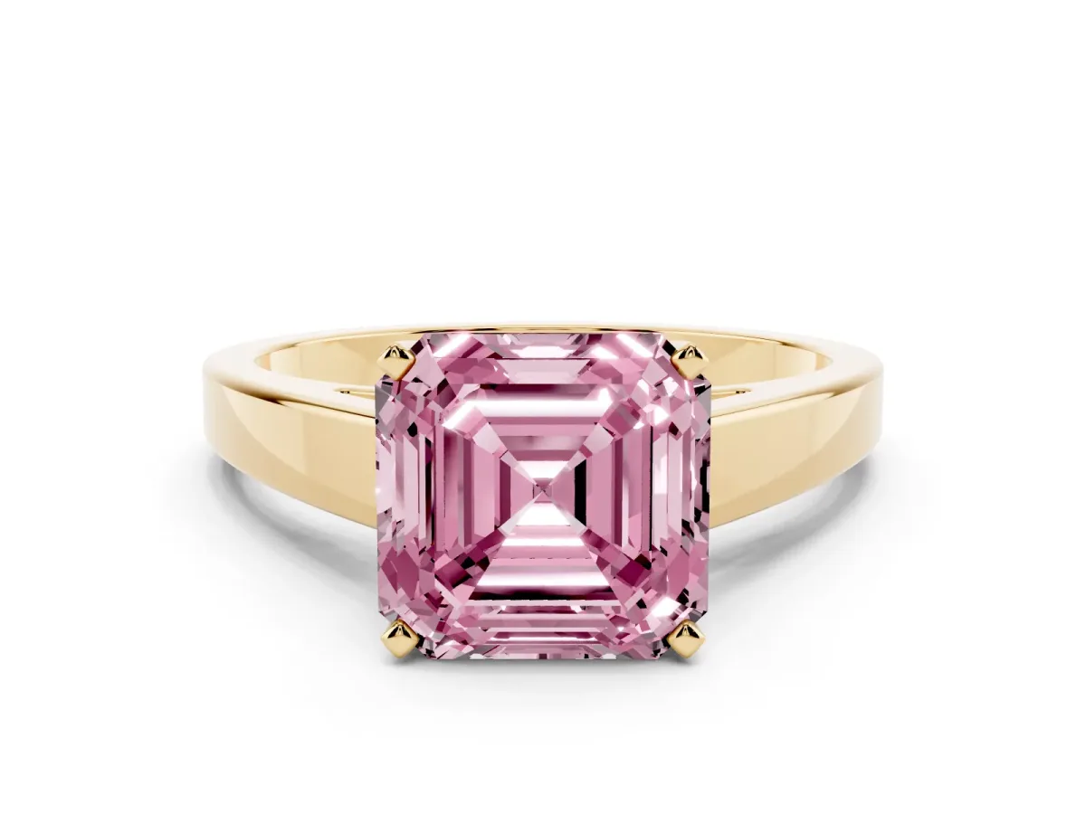 Fancy Pink Asscher Cut Solitaire Engagement Ring with Four-Prong Setting and Tapered Band Yellow gold