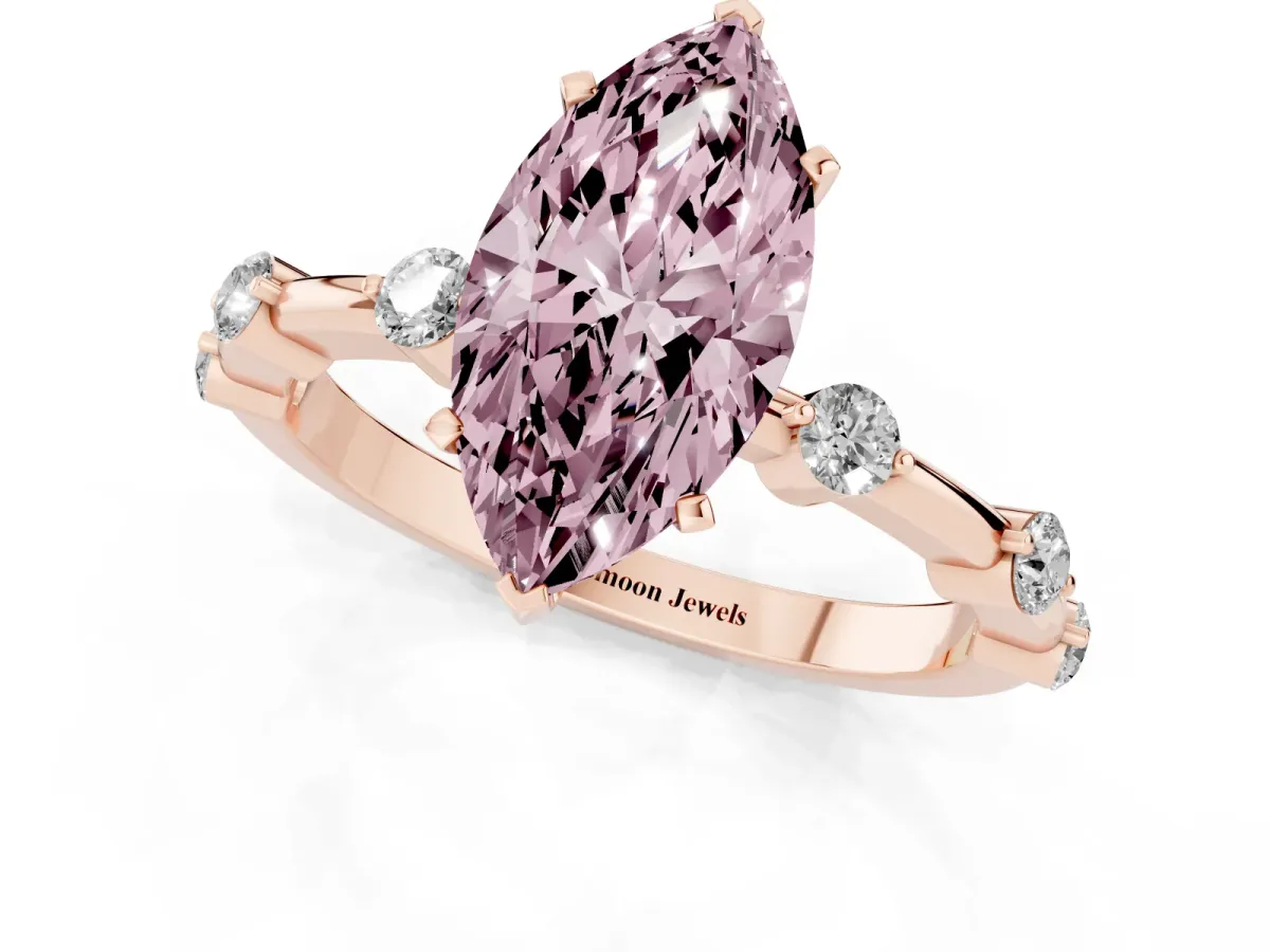 Fancy Pink Marquise Cut Solitaire Diamond Ring with Bezel Set Side Stones and Prong Setting Rose gold
