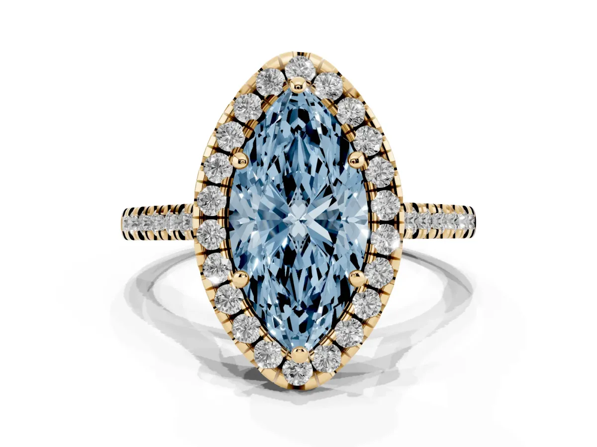Fancy Blue Marquise Cut Diamond Cushion Halo Ring with Pavé Band Yellow gold