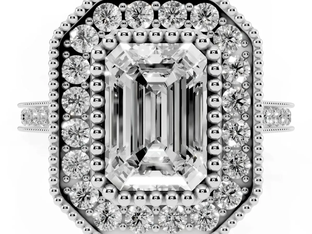 Emerald Cut Diamond Halo Ring with Milgrain Frame and Pavé Band Silver