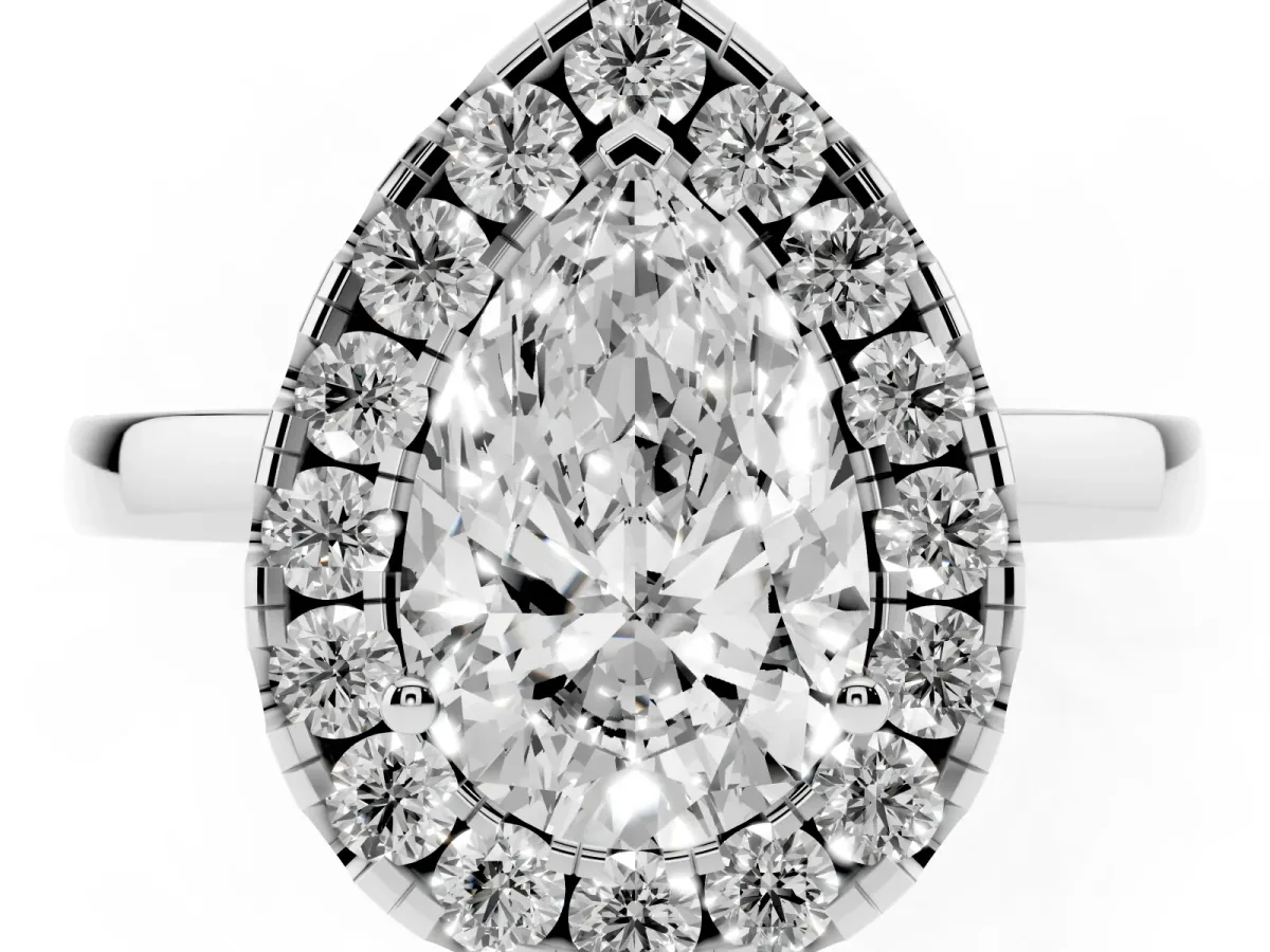 Pear Cut Halo Diamond Solitaire with Pavé Band and Four-Prong Setting Platinum