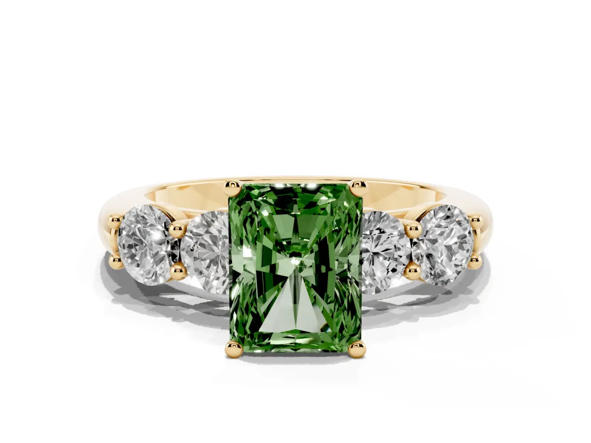 Fancy Green Radiant Cut Cut Five-Stone Prong Set Diamond Ring with Classic Band Yellow gold