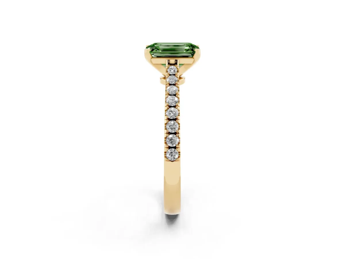 Fancy Green Emerald Cut Cut Solitaire Diamond Engagement Ring with Pave Band and Four-Prong Setting Yellow gold