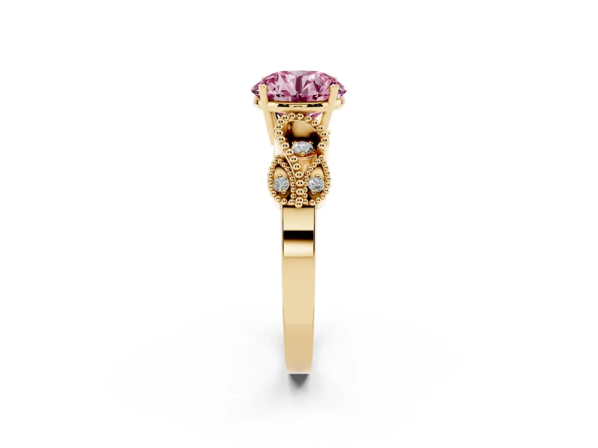 Fancy Pink Round Cut Solitaire Milgrain Leaf Band with Prong Setting Yellow gold